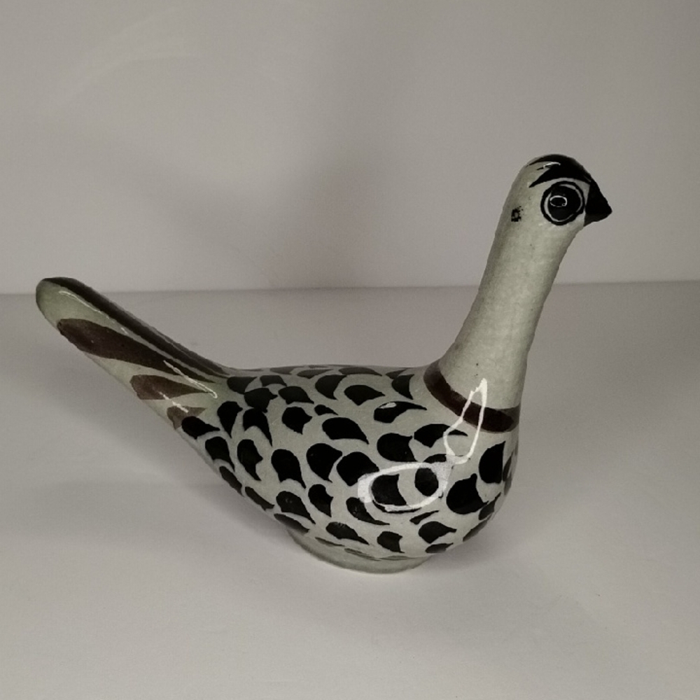 P-014 Vintage Hand-Painted Black and Grey Tonala Ceramic Bird